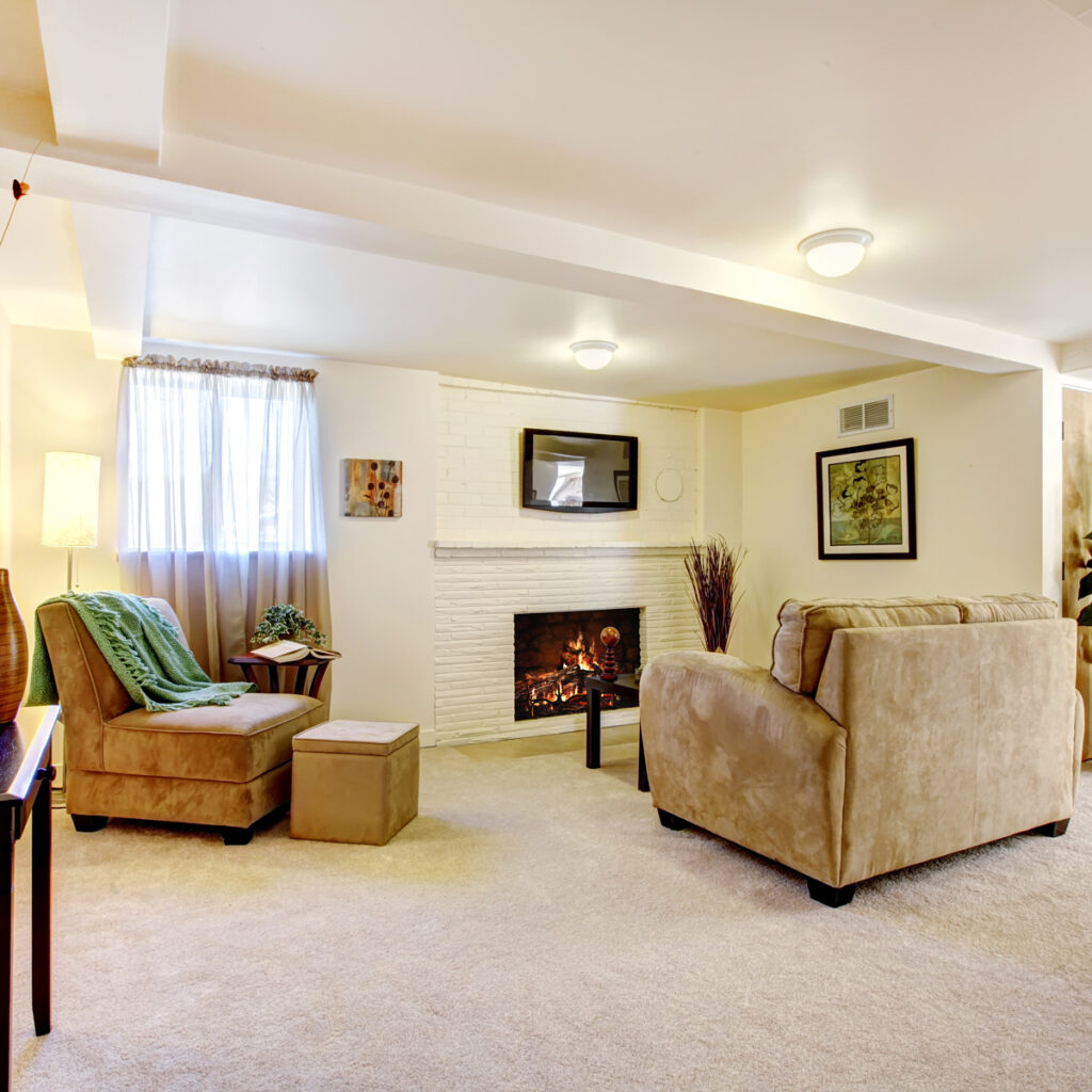 Cozy basement living space with a fireplace and plush seating.
