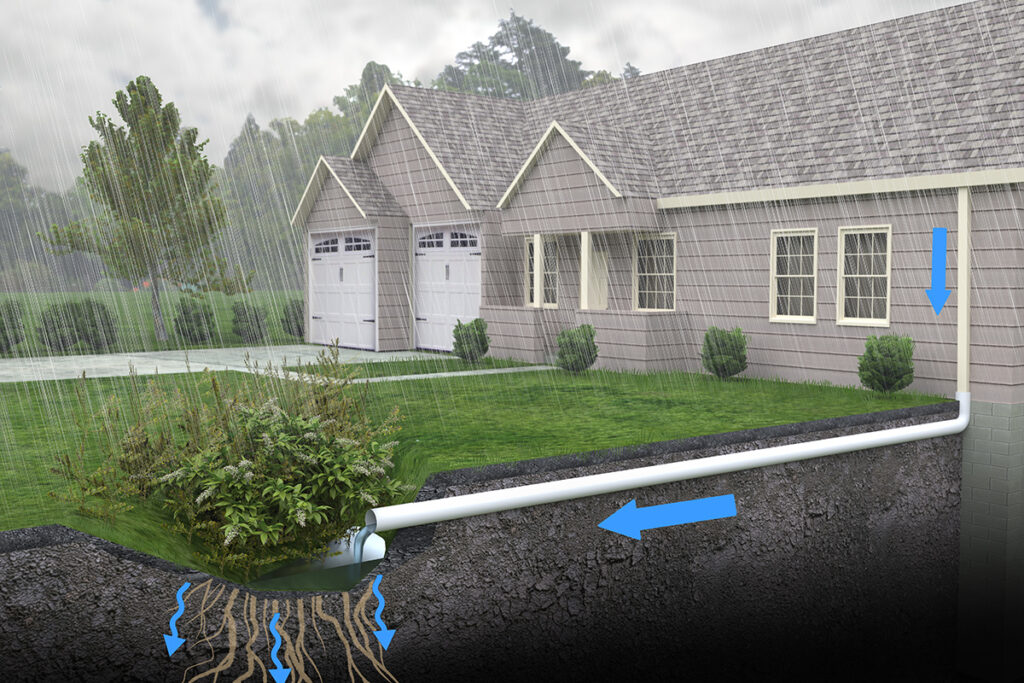 3D illustration of a Rain Garden drainage system with underground pipe and retention area