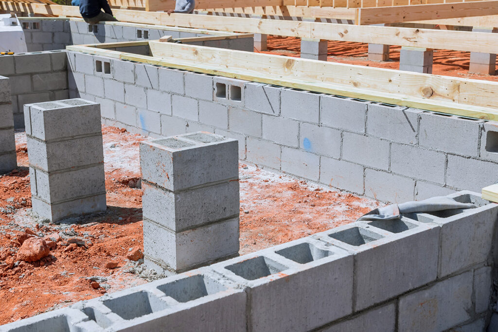 Foundation installation with cement blocks at a house construction site.