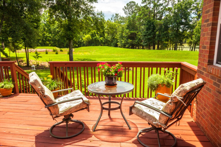 Elegant redwood decks with natural finish, showcasing the rich, warm tones of the wood.